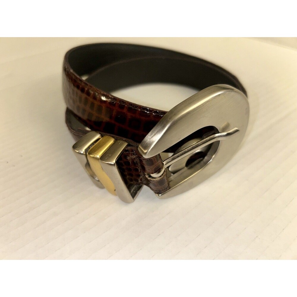 Woman Brown Leather Belt With Crocodile Embossed Texture With Nickel Buckle S/M